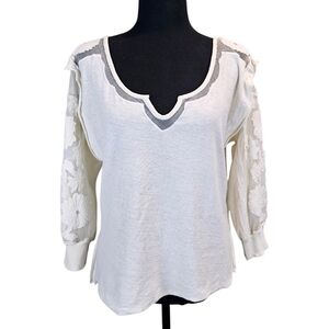 Free People New Romantics Boho Floral Embroidered Mesh Sleeve Top Small Cream